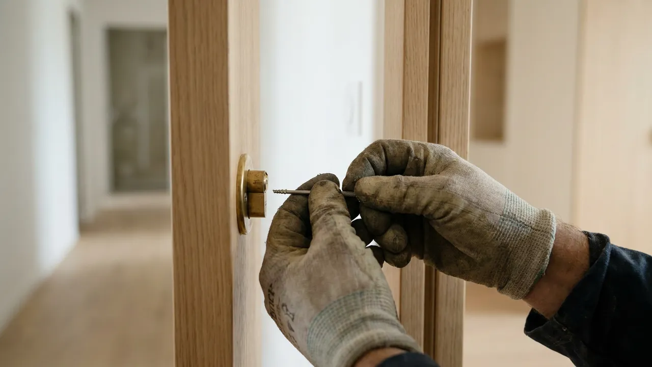 Serrurier extrayant une clé cassée du cylindre d'une porte d'appartement à Romainville